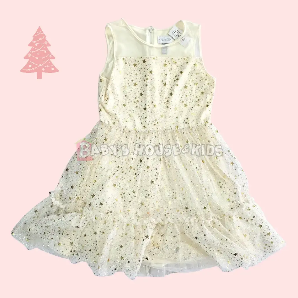 Vestido escotado ivory con estrellas doradas, talla 4t 