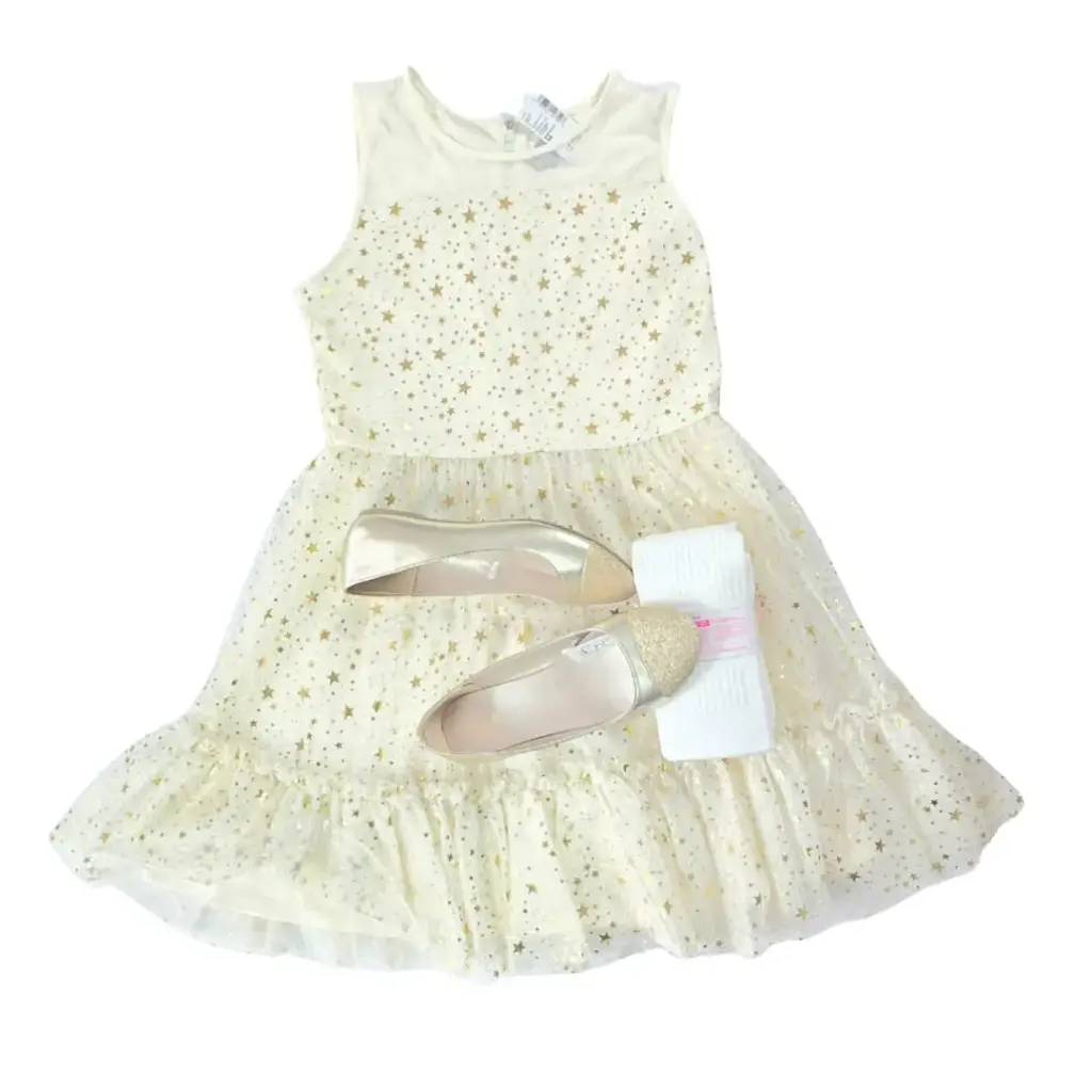 Vestido escotado ivory con estrellas doradas, talla 4t 