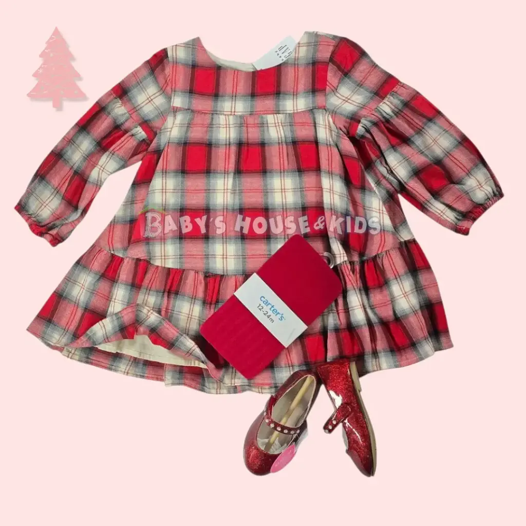 Vestido manga larga, tipo batista, cuadriculado con forro interior, talla 18 meses 100% algodón 