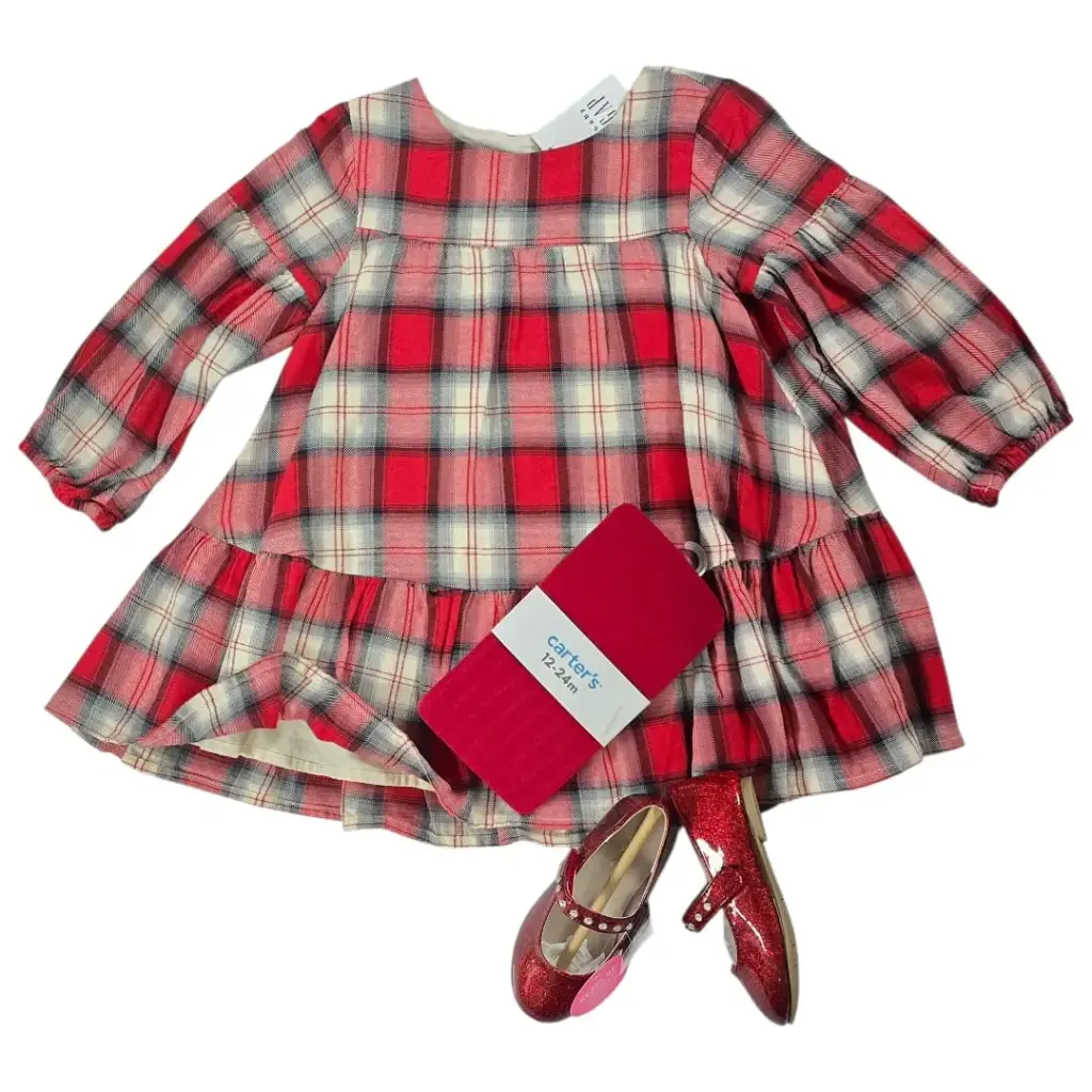 Vestido manga larga, tipo batista, cuadriculado con forro interior, talla 18 meses 