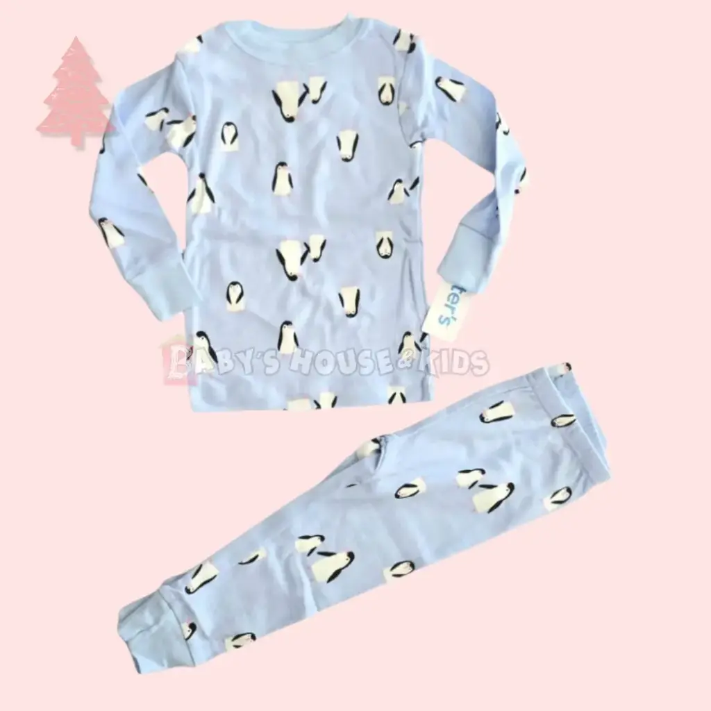 Pijama manga larga de algodón, celeste de pingüinos, talla 18 meses 