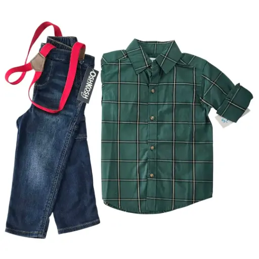 Manga larga cuadriculada de botones y Jeans con tirantes rojos removibles, talla 2t 