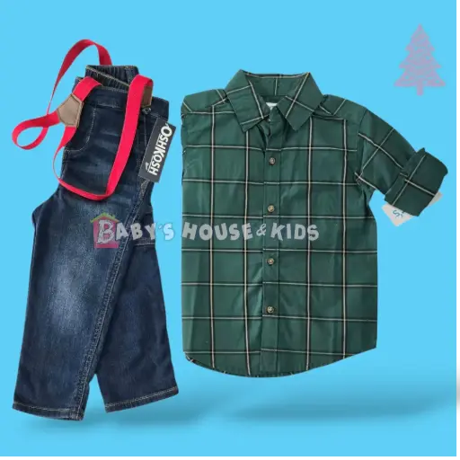 Manga larga cuadriculada de botones y Jeans con tirantes rojos removibles, talla 2t 