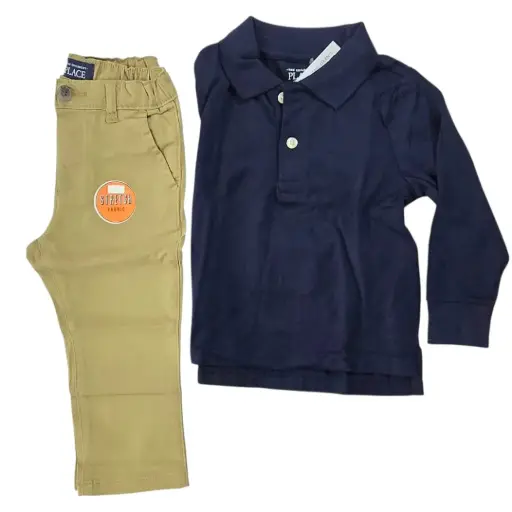 Manga larga tipo polo y pantalón caqui, talla 2t 