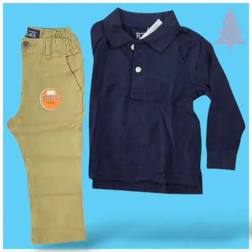 Manga larga tipo polo y pantalón caqui, talla 2t 