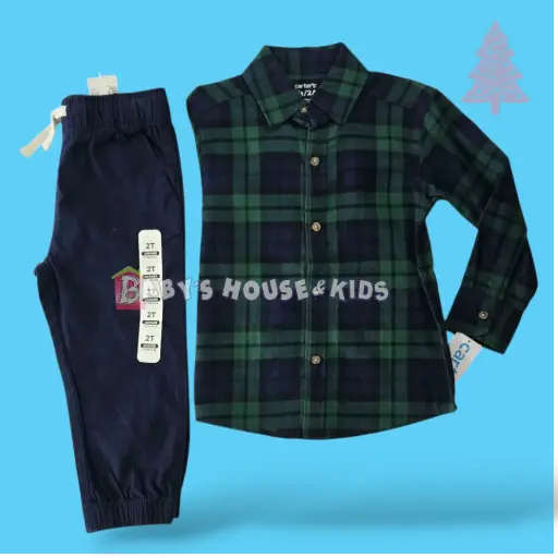 Camisa verde de botones cuadriculada y jogger azul marino, talla 2t 