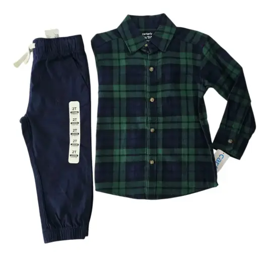 Manga larga de botones cuadriculada y jogger azul marino, talla 2t 