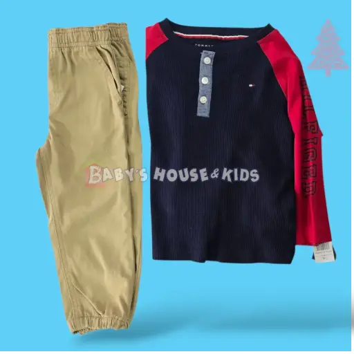 Manga larga 2 colores de algodón y jogger caqui, talla 2t 