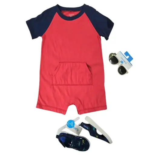 Mameluco de algodón rojo y azul marino, talla 2t 