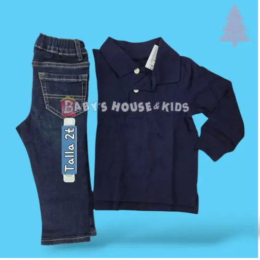 Manga larga tipo polo azul marino y Jeans, talla 2t 