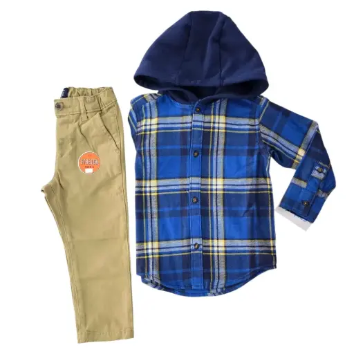 Manga larga cuadriculada de botones con gorro y pantalón caqui, talla 2t 