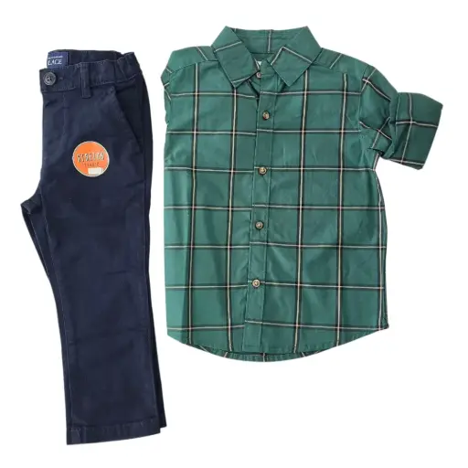 Manga larga cuadriculada de botones y pantalón azul marino, talla 2t 