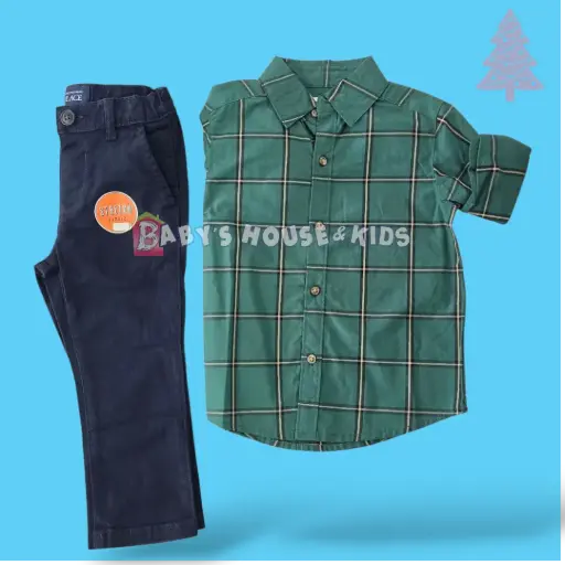 Manga larga cuadriculada de botones y pantalón azul marino, talla 2t 