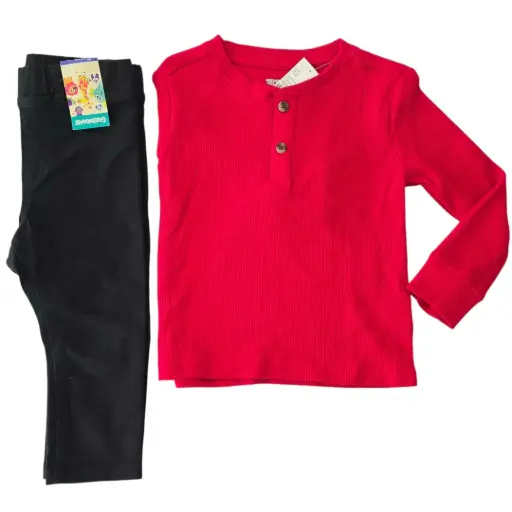 Manga larga de algodón roja y pantalón negro, talla 2t 