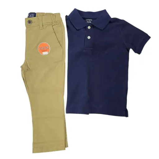 Camisa tipo polo azul marino y pantalón caqui, talla 2t 