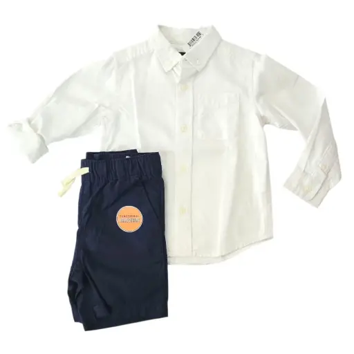 Camisa manga larga de botones y Short azul marino, talla 2t 