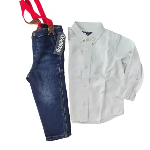 Manga larga de botones y Jeans con tirantes rojos removibles, talla 2t 