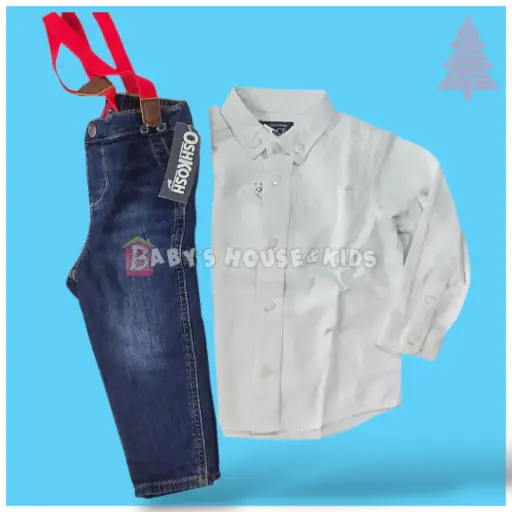Manga larga de botones y Jeans con tirantes rojos removibles, talla 2t 