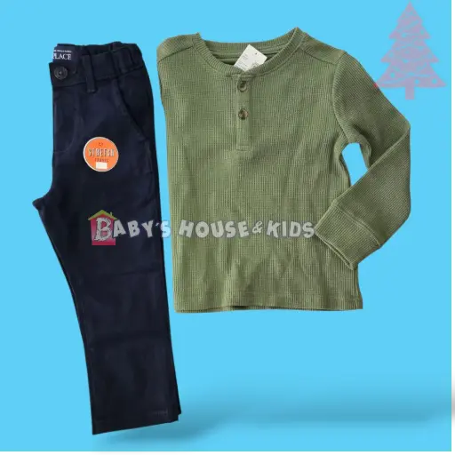 Manga larga verde olivo de algodón y pantalón azul marino, talla 2t 