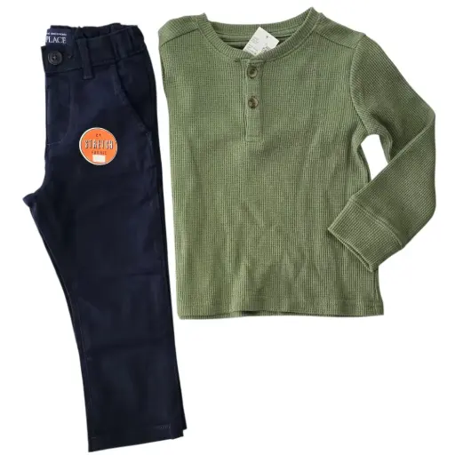 Manga larga verde olivo de algodón y pantalón azul marino, talla 2t 