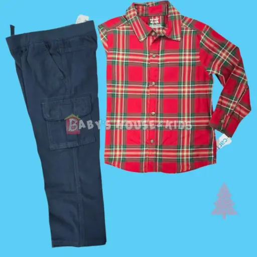 Camisa roja cuadriculada y pantalón azul bombero talla 4