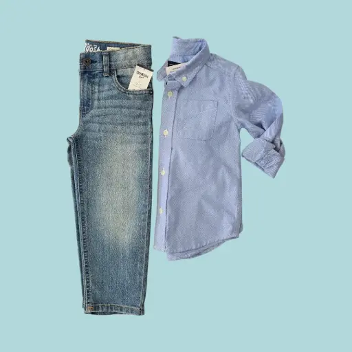 Camisa manga larga azul y pantalón jeans talle recto, talla 3t 