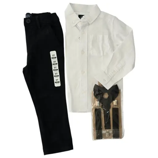 Manga larga de botones, pantalón negro y tirantes con corbatín, talla 3t 