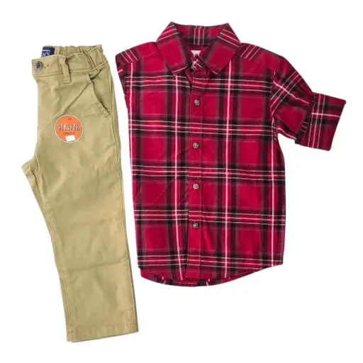 Manga larga cuadriculada de botones y pantalón caqui, talla 3t 