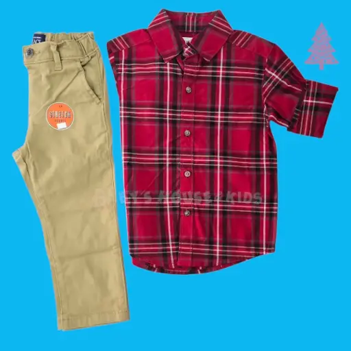 Manga larga cuadriculada de botones y pantalón caqui, talla 3t 