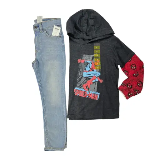 Camiseta con gorro spiderman y jeans, talla 6