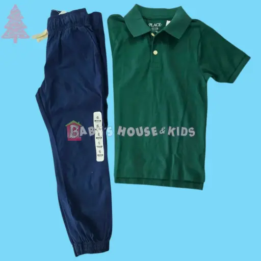 Polo verde olivo y jogger azul marino, talla 6