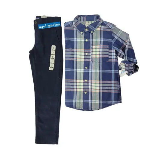 Manga larga cuadriculada de botones y pantalón azul marino, talla 7