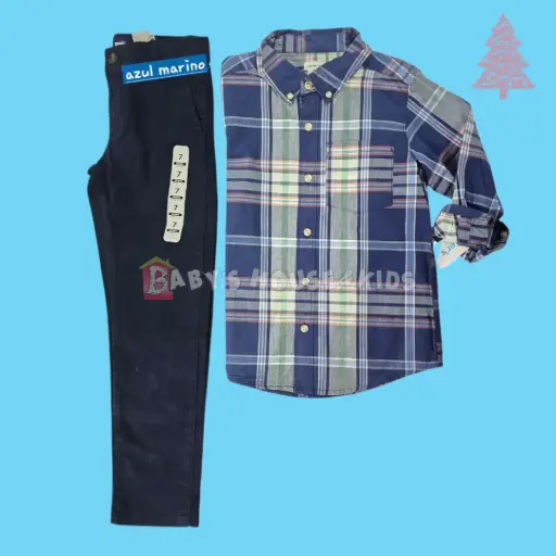 Manga larga cuadriculada de botones y pantalón azul marino, talla 7