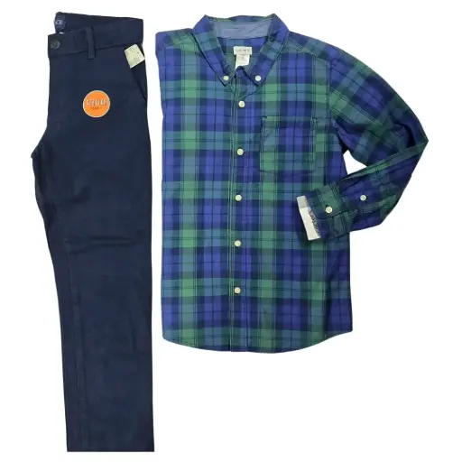 Manga larga cuadriculada de botones y pantalón azul marino, talla 7