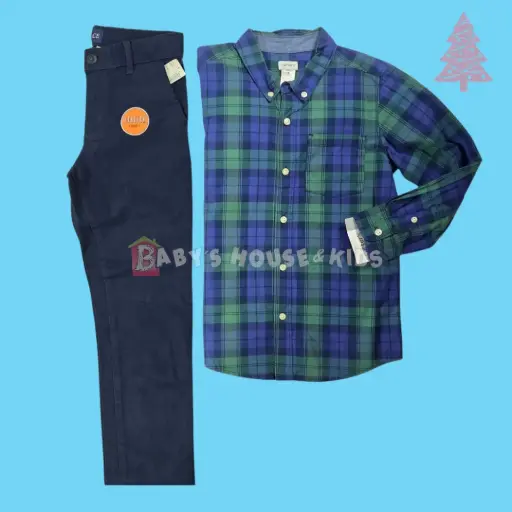 Manga larga cuadriculada de botones y pantalón azul marino, talla 7