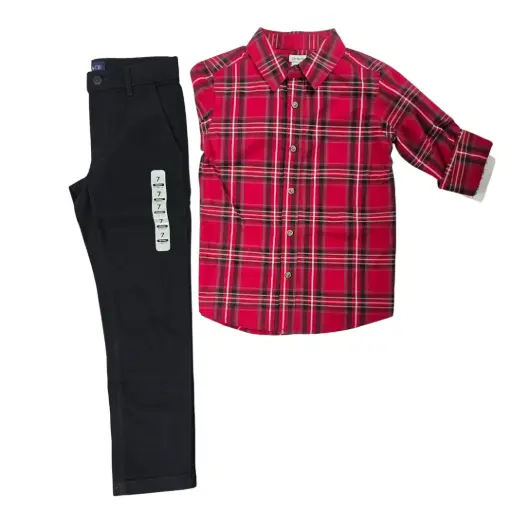 Manga larga cuadriculada de botones y pantalón negro, talla 7