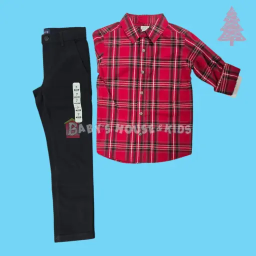 Manga larga cuadriculada de botones y pantalón negro, talla 7