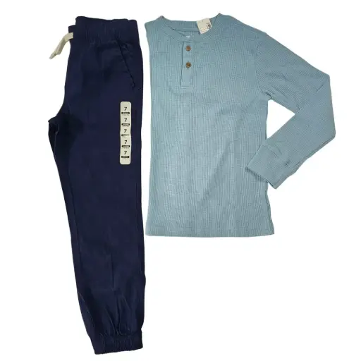 Manga larga celeste de algodón y jogger azul marino, talla 7