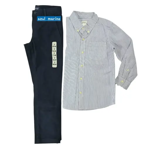 Manga larga rayada de botones y pantalón azul marino, talla 7