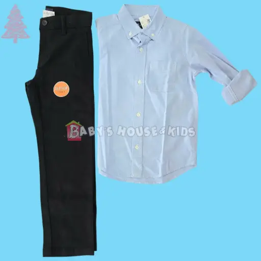 Manga larga rayada de botones y pantalón azul marino, talla 7