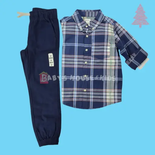 Manga larga cuadriculada de botones y jogger azul marino, talla 7