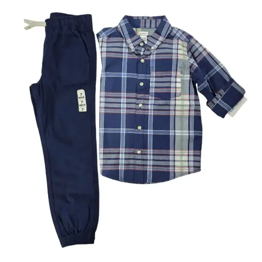 Manga larga cuadriculada de botones y jogger azul marino, talla 7