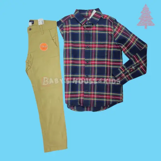 Manga larga cuadriculada de botones y pantalón caqui, talla 7