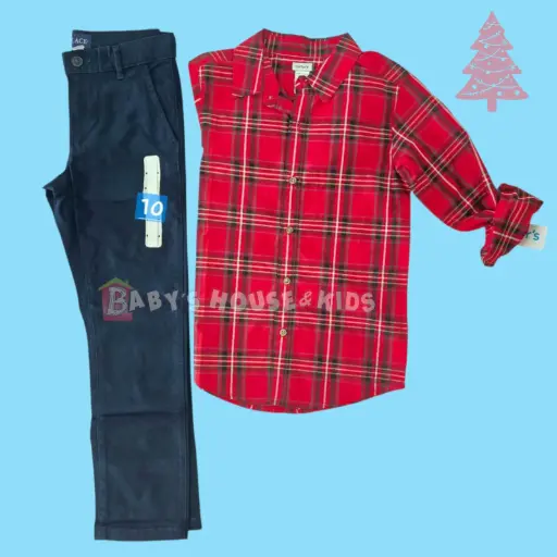 Camisa roja y pantalón oscuro, talla 10