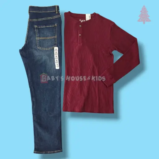 Camisa stretch ocre y Jeans azul + ancho, talla 12