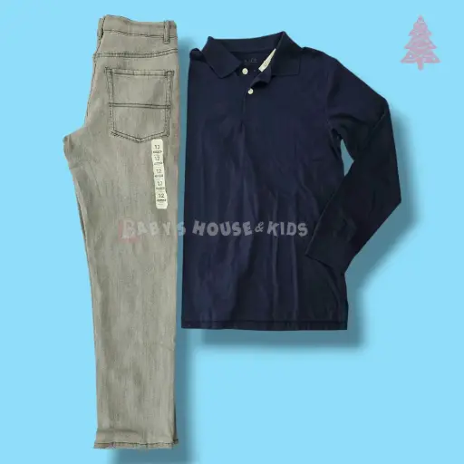 Camisa polo azul de algodón y jeans stretch + ancho talla 12