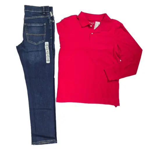 Polo roja de algodón y jeans stretch + ancho, talla 14