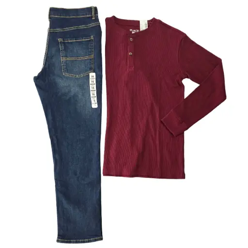 Camisa stretch y jeans azul, talla 16