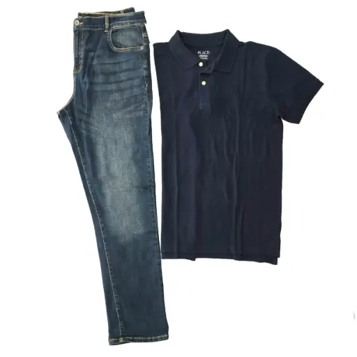 Polo azul marino talla18 niño, y Jeans + ancho talla 18(equivalente 31)