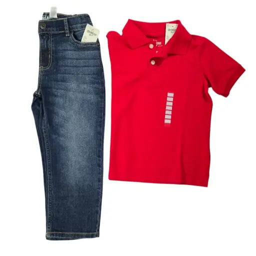 Polo roja y Jeans para cintura + ancho, talla 4
